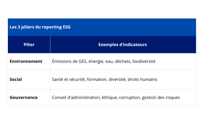 Image illustrant un tableau des piliers du reporting ESG